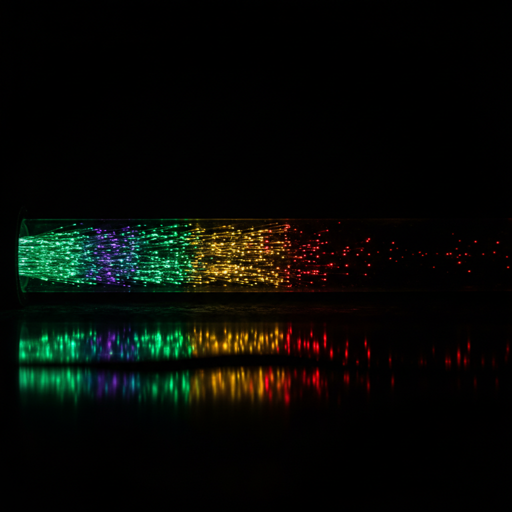 Light flowing through a glass tube — bright green on the left fading to dim red on the right, visualizing context quality degradation